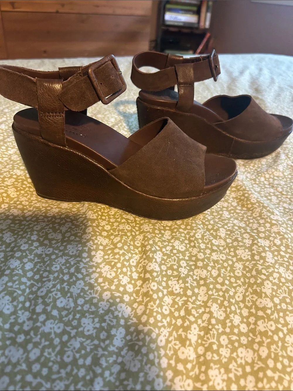 Kork-Ease Brown Suede Platform Wedge Sandals with Buckle
